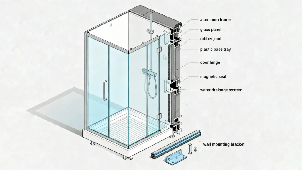 Exploded diagram of a framed shower enclosure showing aluminum frame, glass panel, and hardware components for hotel procurement.