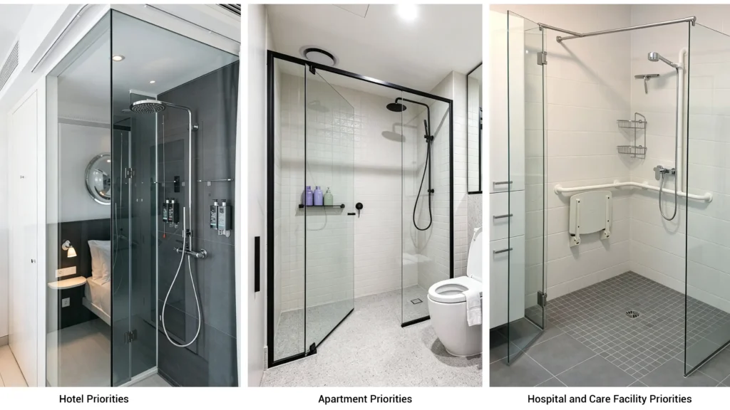 Three commercial shower enclosures showcasing hotel, apartment, and ADA-compliant hospital bathroom layouts with different door designs.