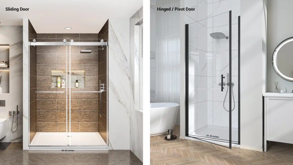 Side-by-side comparison of a 48-60" chrome sliding shower door and a 24-36" matte black hinged shower door in modern hotel bathrooms.