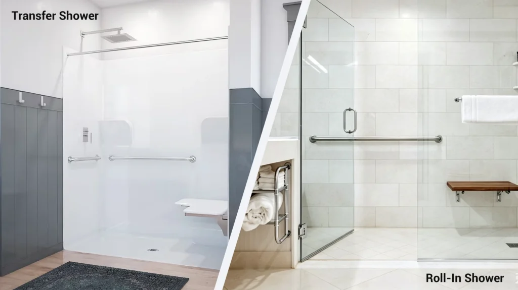 Comparison of a hotel ADA transfer shower with seat and a frameless glass roll-in shower, showing compliant layout types.