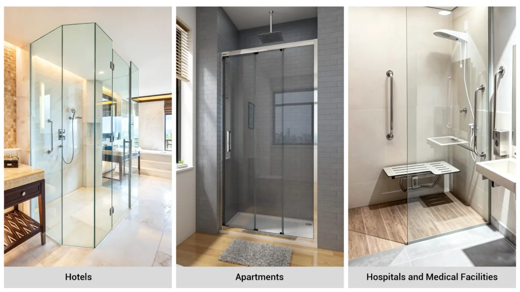 Comparison of upscale hotel frameless glass showers, apartment sliding doors, and accessible hospital safety showers.