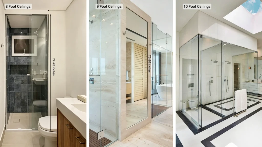 Three glass shower enclosures demonstrating standard and custom door heights for 8, 9, and 10-foot ceilings in hotels.