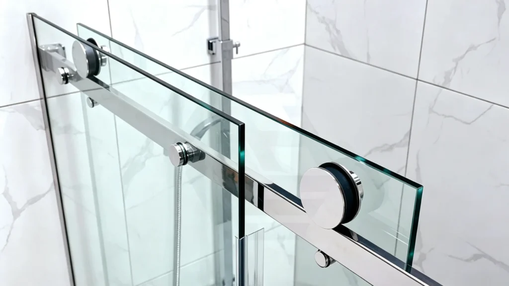 Frameless bypass sliding glass shower door featuring polished chrome rollers and thick tempered glass panels.