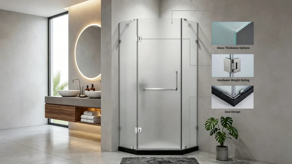 Diagram of a hotel frosted glass shower enclosure detailing glass thickness, hardware weight rating, and seal design options.