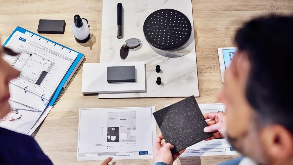 Project team reviewing bathroom blueprints and selecting matte black shower hardware and glass samples for a hotel mockup room.