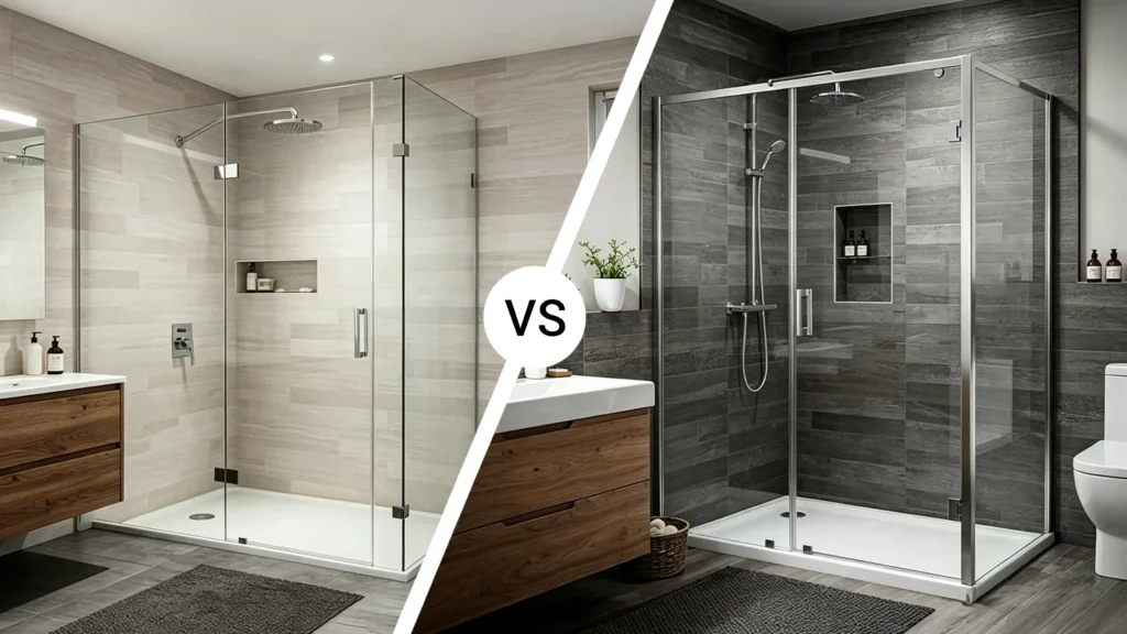 Side-by-side comparison of a frameless glass shower enclosure versus a chrome framed shower door for hotel projects.