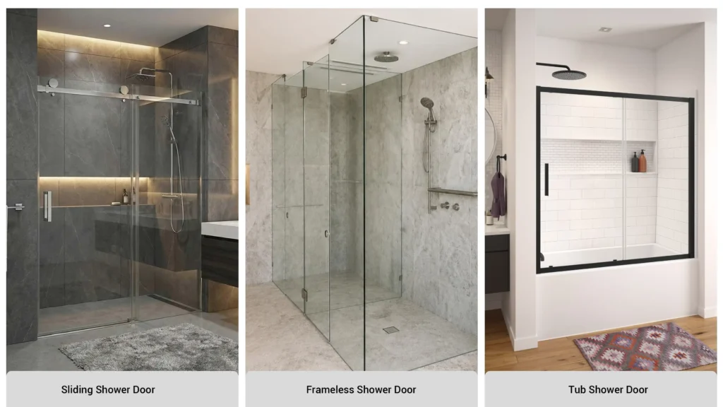 Sliding, frameless, and tub-mount glass shower doors comparing hardware and height configurations for hospitality projects.
