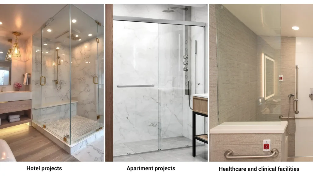 Comparison of shower glass doors optimized for hotel luxury, apartment standard sizing, and healthcare accessibility.
