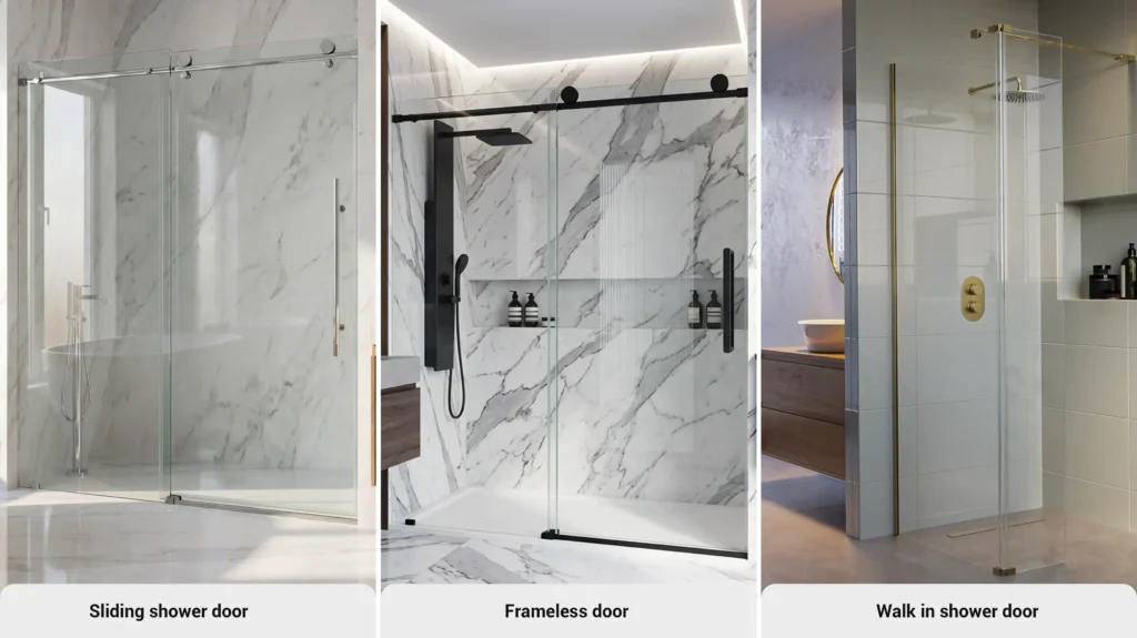 Comparison of hotel sliding, frameless, and walk-in shower glass doors, showcasing hardware finishes and layout options.