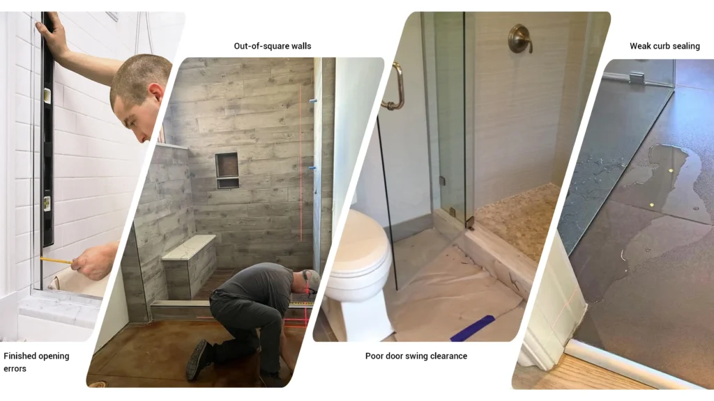 Diagram showing hotel shower door installation risks, including out-of-square walls and poor door swing clearance.
