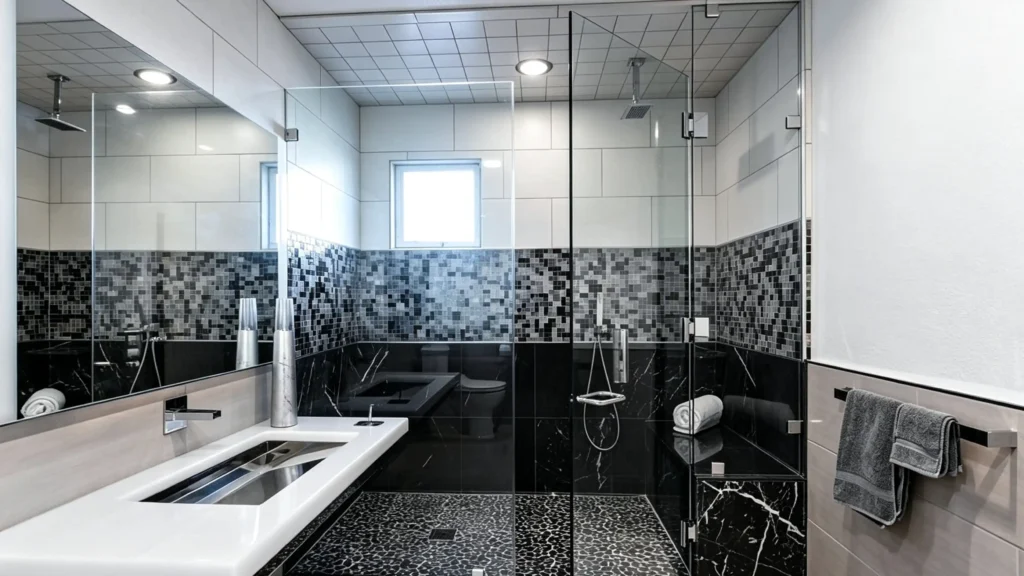 ADA-compliant roll-in shower with safety glass door, tiled seat, and grab bars in a modern hotel bathroom.