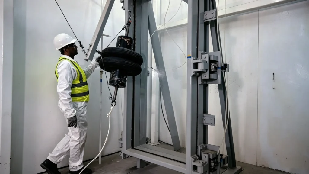 Technician conducting an impact test on tempered safety glass to meet ANSI Z97.1 and EN 12150 compliance standards.