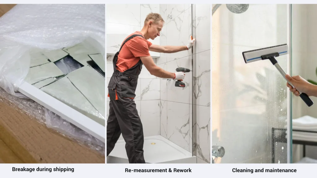 Three panels showing project hidden costs: broken shower glass, a worker doing on-site rework, and glass cleaning labor.