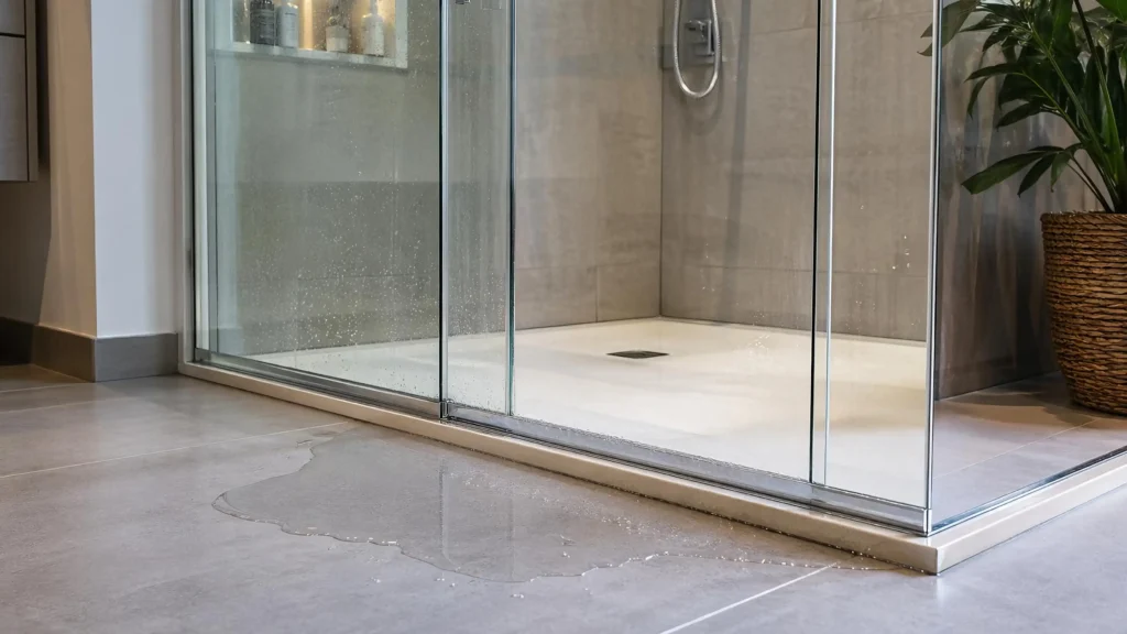 Water leaking onto a grey tiled bathroom floor from an improperly sealed frameless glass sliding shower door.