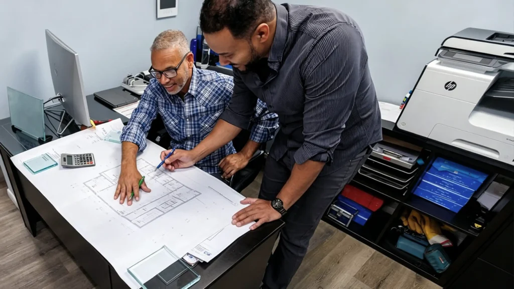 Two engineers reviewing architectural blueprints and glass samples on a desk to plan standard hotel shower door specifications.