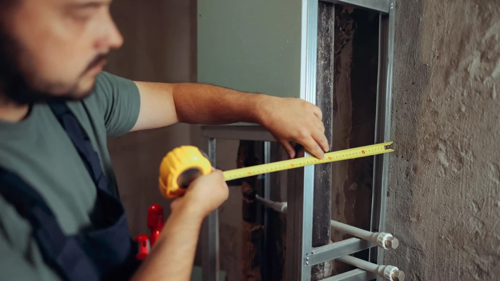 Contractor using a yellow tape measure on a rough opening frame, illustrating a common hotel renovation measurement mistake.