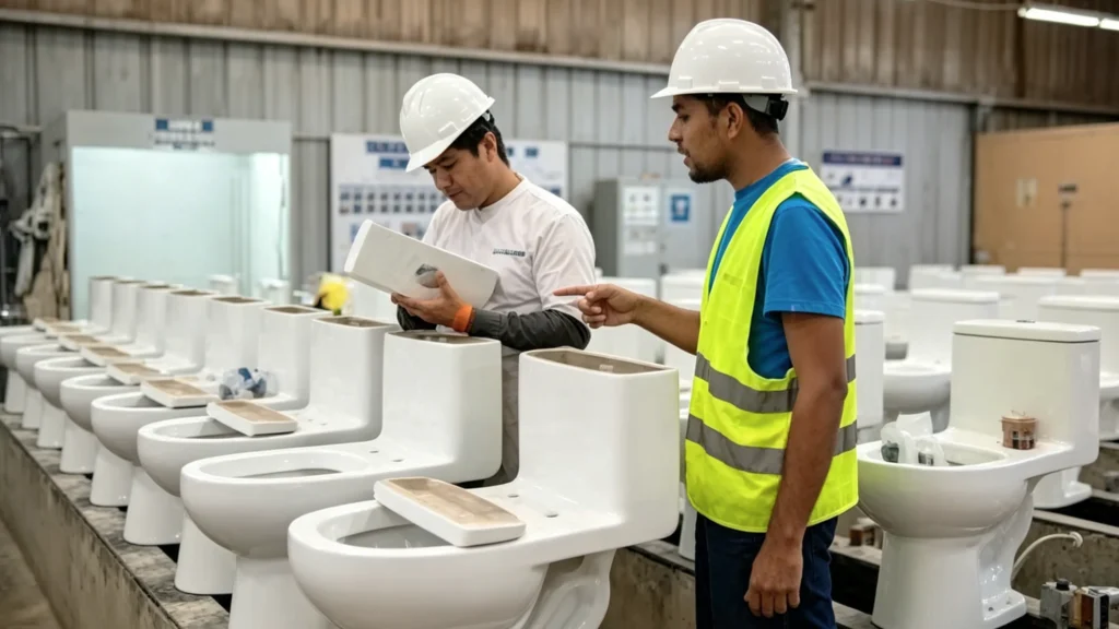 Quality inspectors examining white ceramic toilet tank lids along a factory batch quality control line.