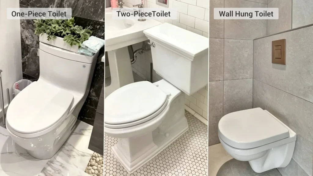 Comparison of one-piece, two-piece, and wall-hung ceramic toilets for hotel and apartment bathrooms.