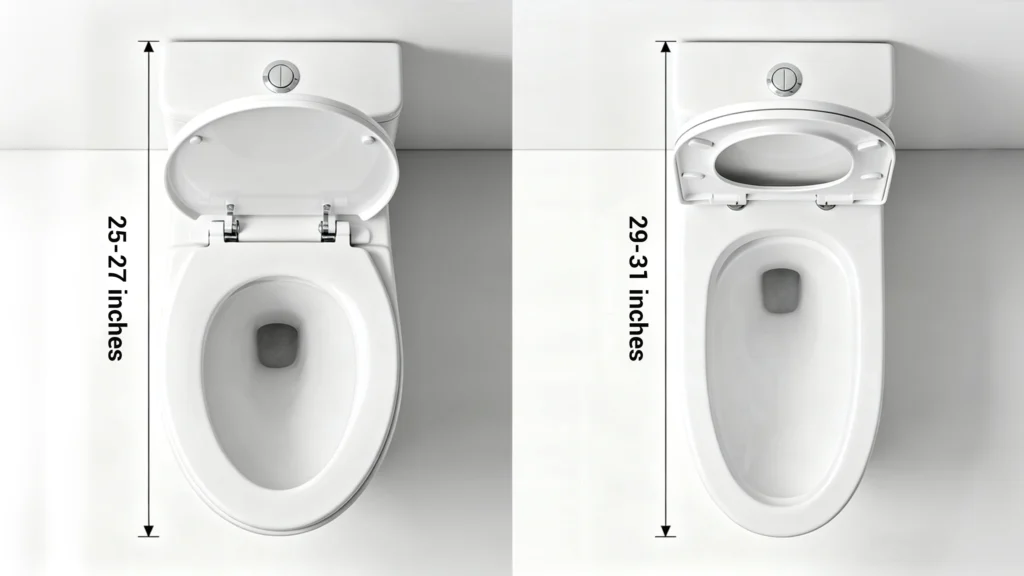 Top view comparing a 25-27 inch round toilet with a 29-31 inch elongated toilet for commercial bathroom space planning.