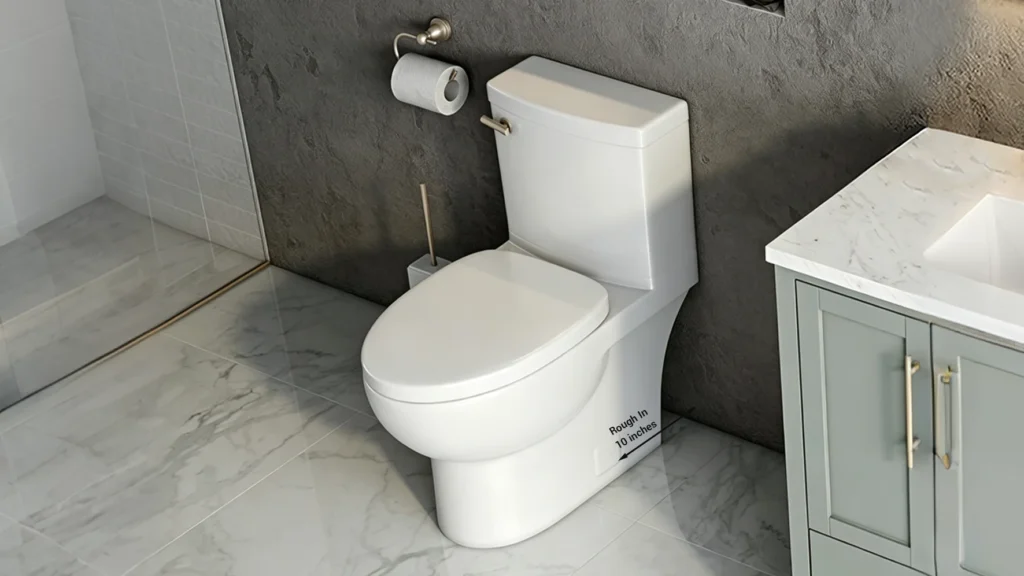 Modern white one-piece toilet showing a 10-inch rough-in dimension in a luxury apartment bathroom.