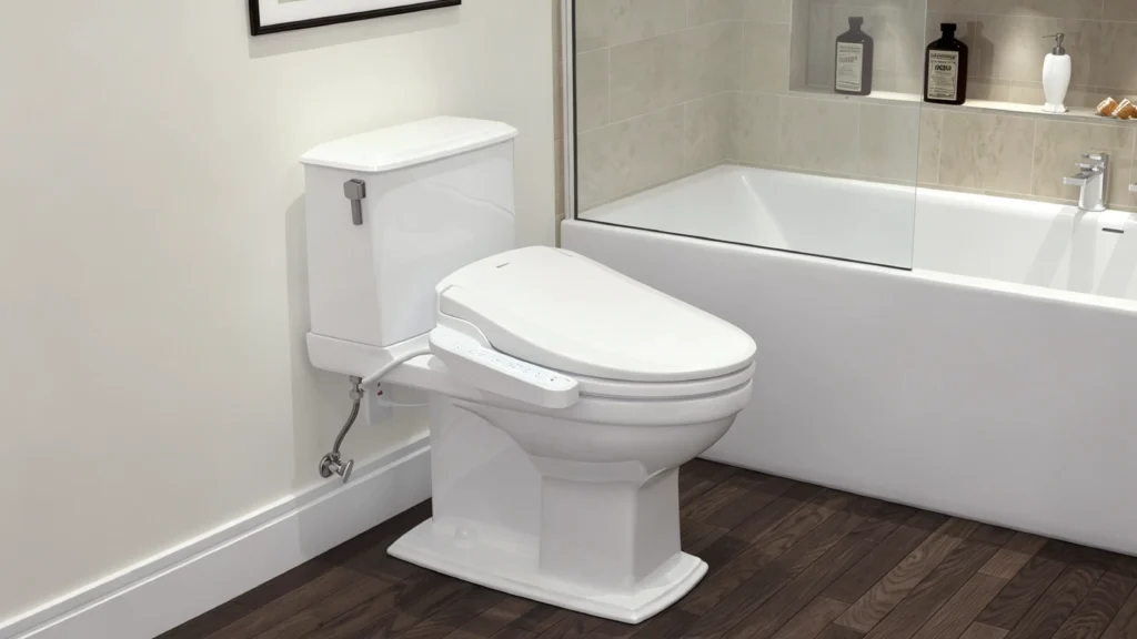 Standalone white electronic bidet seat with side controls retrofitted on a floor-mounted hotel bathroom toilet.