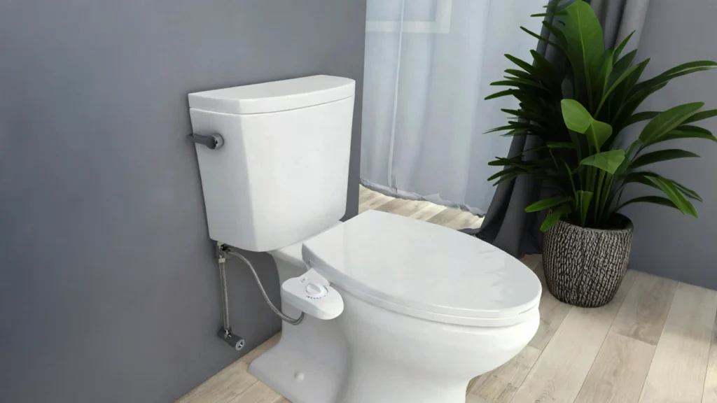 Mechanical bidet attachment with side control dial and exposed water hose mounted on a white hotel guestroom toilet.