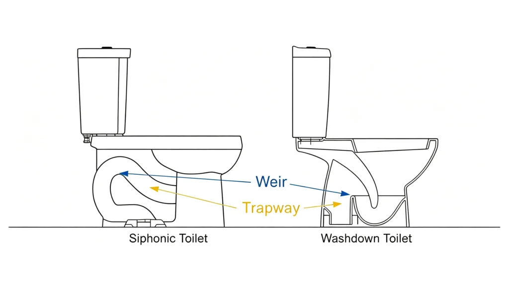 Cross-section diagram comparing internal trapway and weir designs between siphonic and washdown toilets.