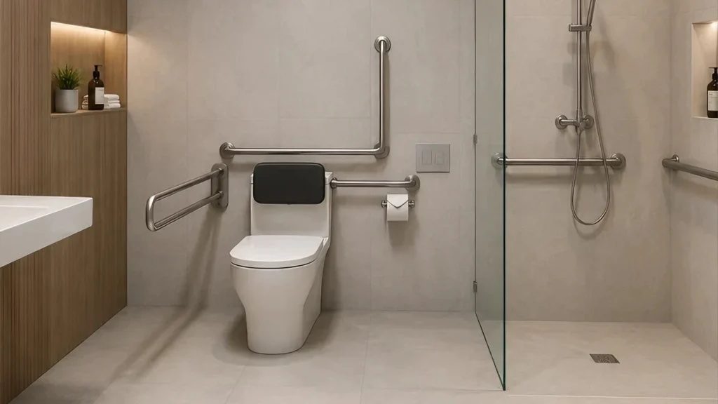 White commercial ADA toilet with stainless steel grab bars and backrest in an accessible hotel bathroom layout.