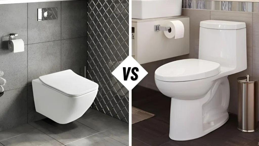 Side-by-side comparison of a white wall-hung toilet and a floor-mounted toilet for hotel and apartment bathrooms.