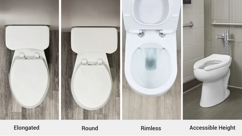 Comparison of elongated, round, rimless, and accessible height toilet bowl designs for commercial projects.