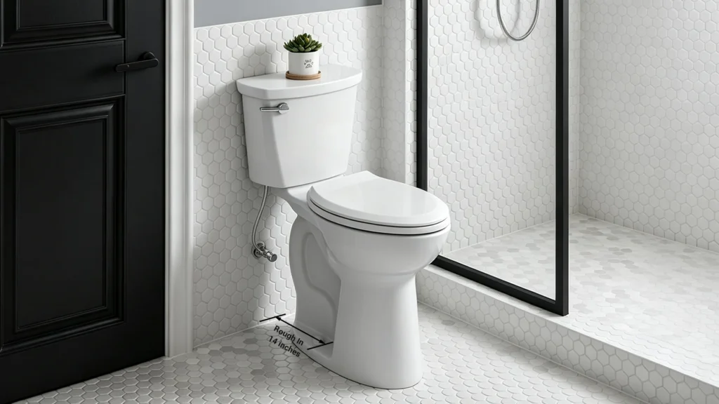 White two-piece toilet displaying a 14-inch rough-in dimension in a modern resort guest bathroom.