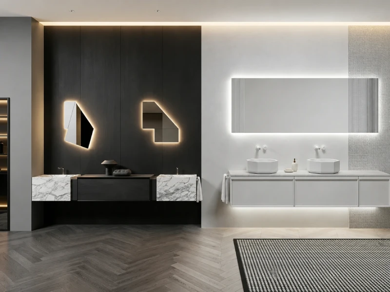 ITALIAN MINIMALISM bathroom collection with clean geometry and marble surfaces for modern hotel projects