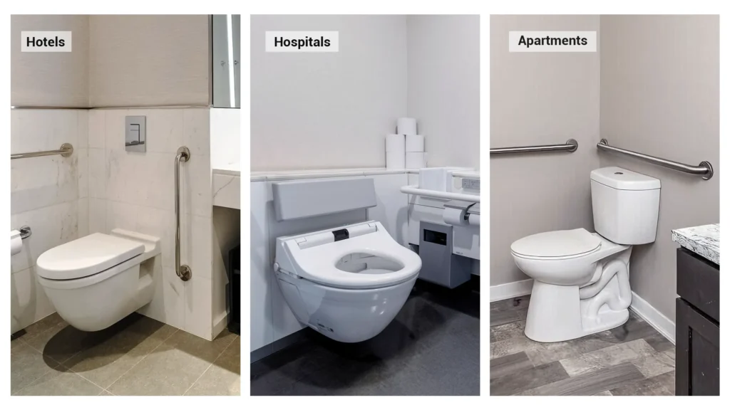 Commercial ADA toilet comparison showing tailored fixture designs for hotel, hospital, and apartment bathrooms.