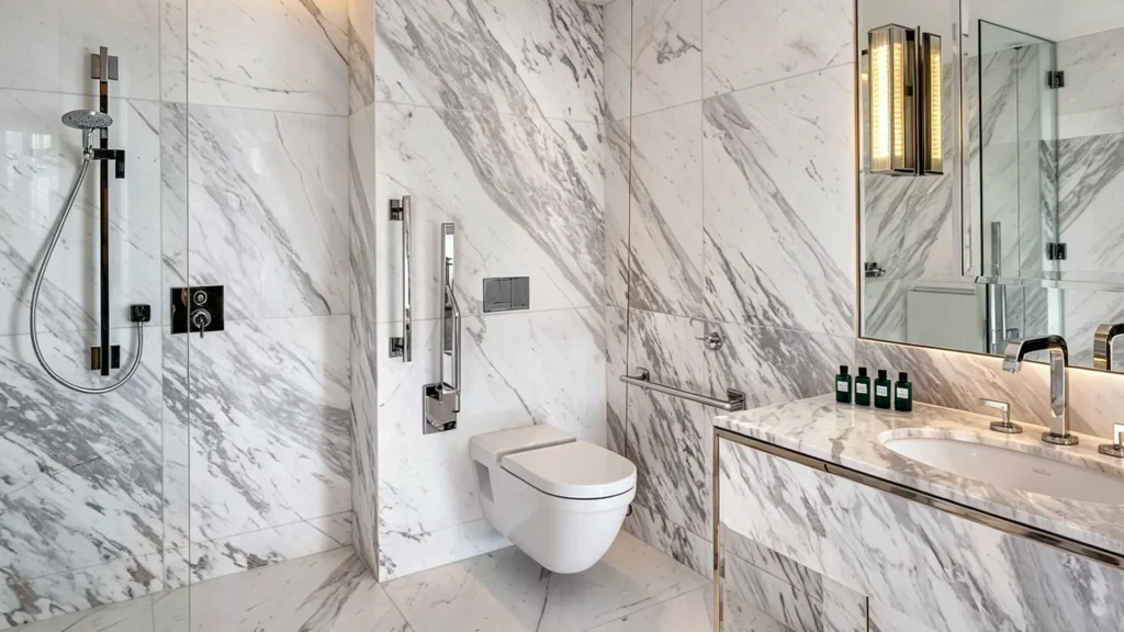 Accessible white wall-hung toilet with chrome grab bars in a luxury marble hotel guestroom bathroom.
