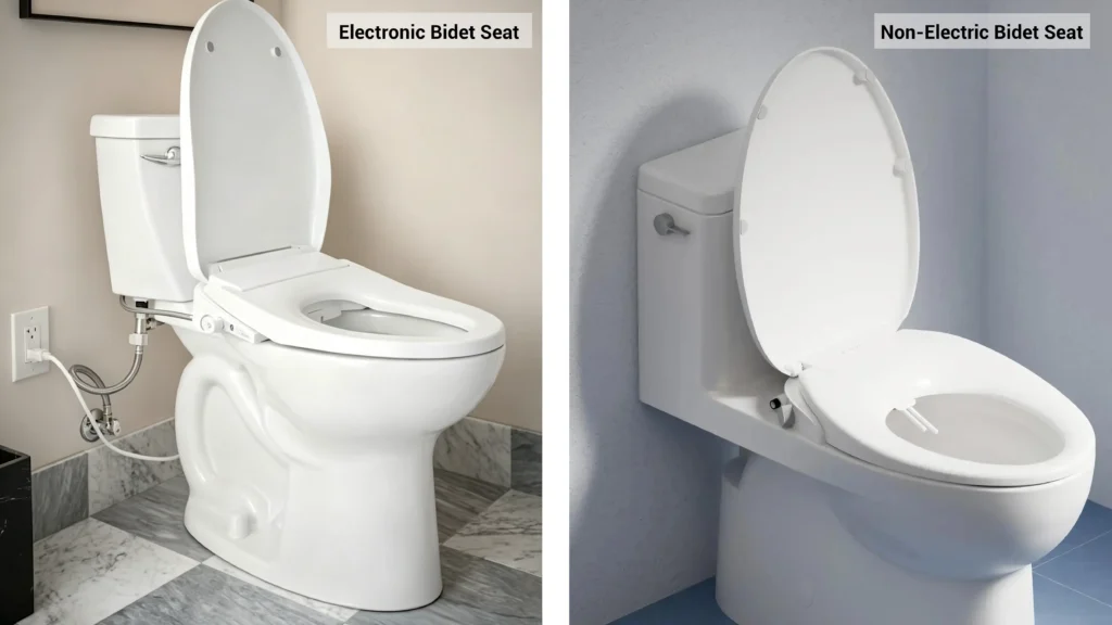 Side-by-side comparison of a corded electronic bidet seat and a non-electric bidet seat for hotel bathrooms.