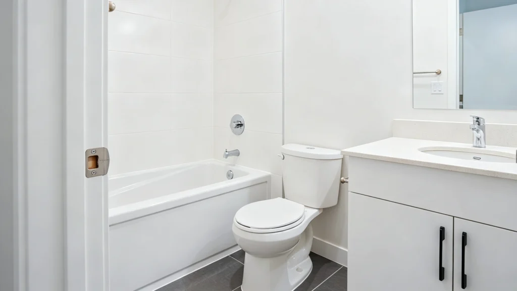 Standard white floor-mounted toilet installed beside a bathtub and vanity in a multi-family apartment bathroom.