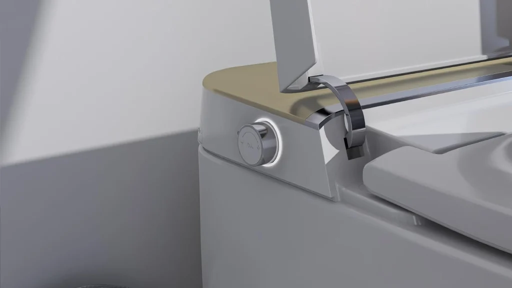 Reinforced stainless steel hinge and illuminated side control knob on a commercial hotel bidet toilet seat.