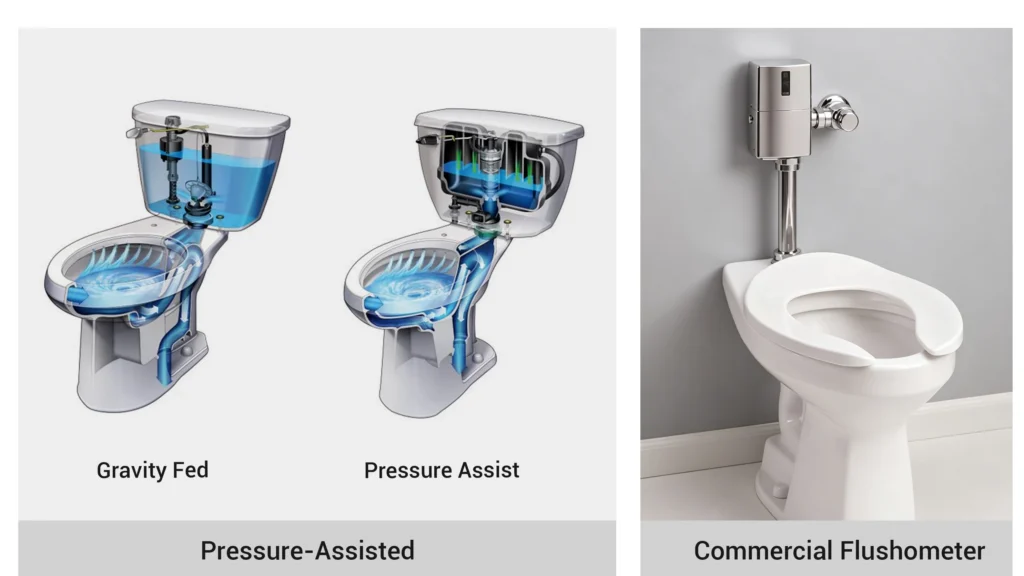 Comparison of gravity-fed, pressure-assisted, and commercial sensor flushometer toilet systems.