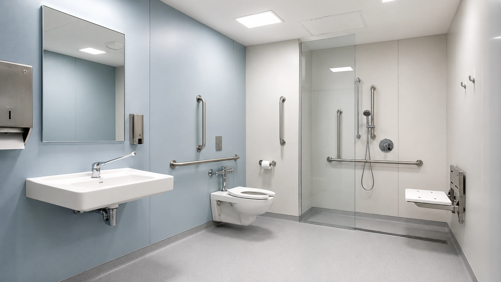 Hospital and medical bathroom sanitary ware package with institutional grade fixtures