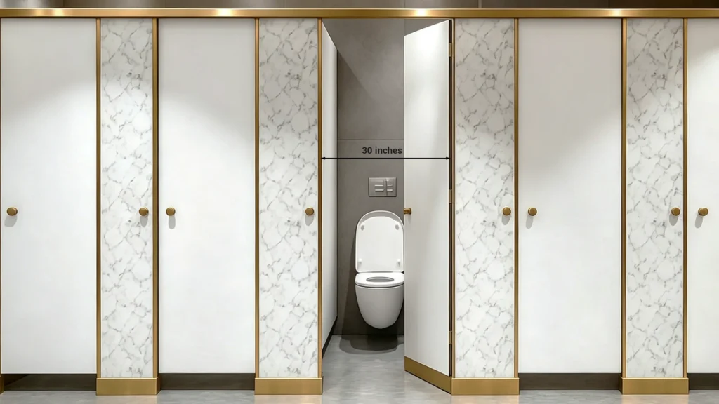Commercial restroom stall showing 30-inch code clearance width with a white wall-hung toilet and marble partitions.
