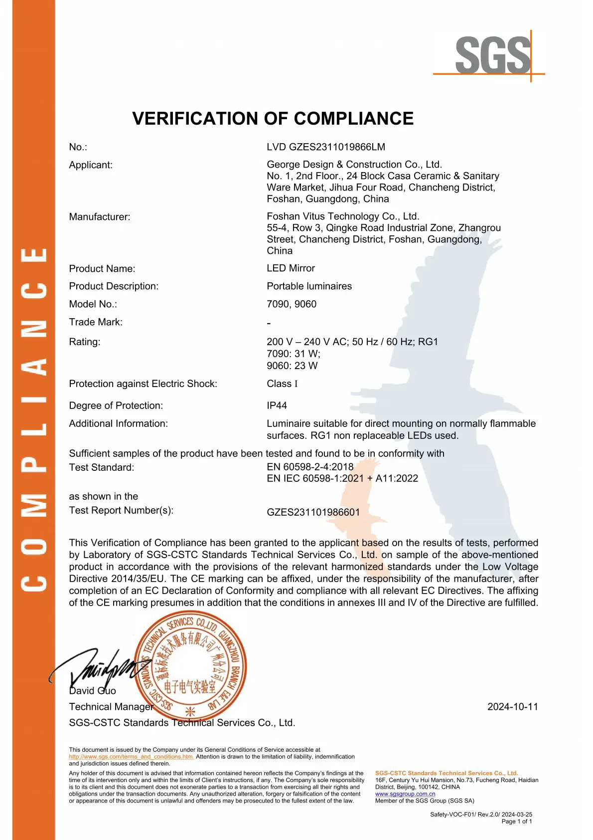 SGS CE-LVD verification of compliance certificate evidence for LED mirror models 7090 and 9060