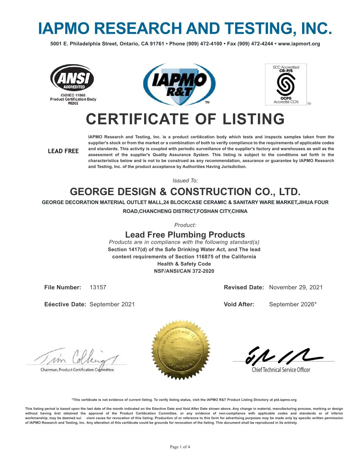 IAPMO lead-free certificate of listing evidence for kitchen and basin faucet models