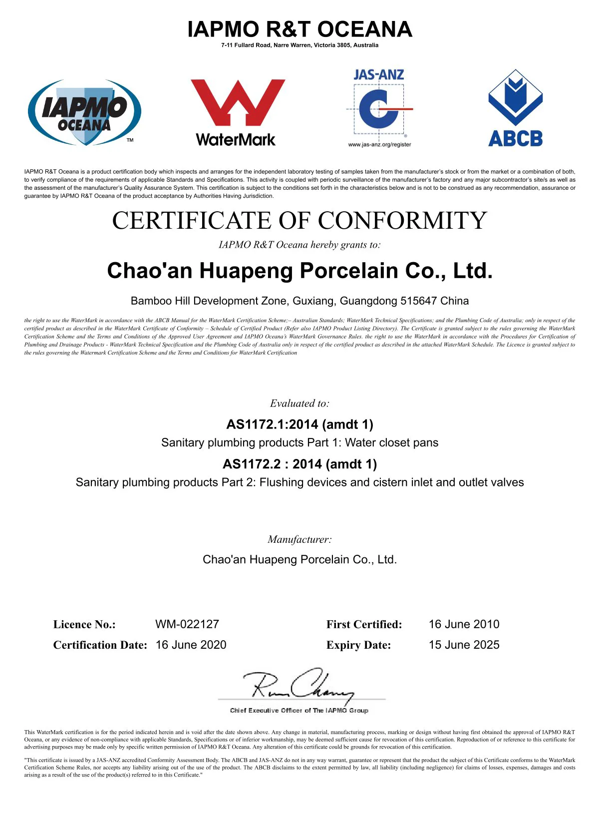 WaterMark certificate of conformity evidence for water closets pans and flushing cisterns