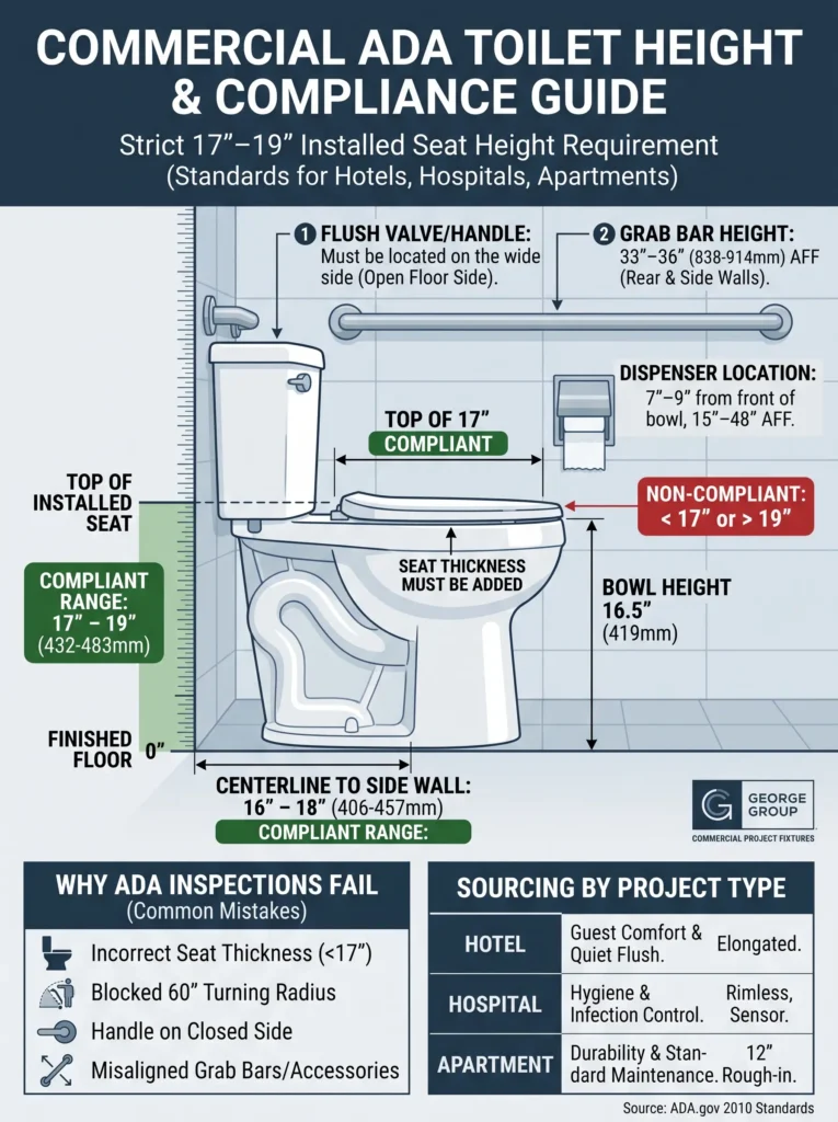 ADA Toilet Height Compliance Guide for Commercial Projects: 17–19 in seat height, clearances, grab bar height, and common inspection errors.