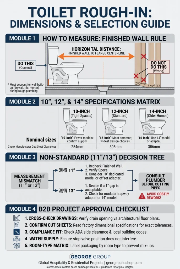 Toilet rough-in dimensions and measurement guide infographic showing how to measure from finished wall to flange centerline, comparing 10, 12, and 14-inch sizes, with an 11 and 13-inch decision tree by George Group.