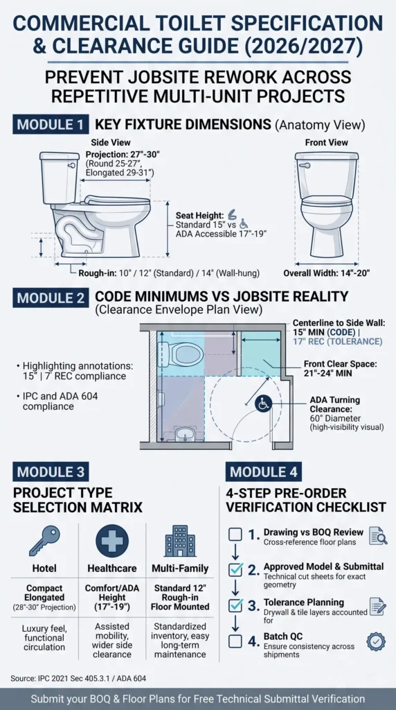 Commercial toilet dimensions and clearance diagram showing ADA seat heights, rough-in sizes, stall clearance codes, and project selection matrix