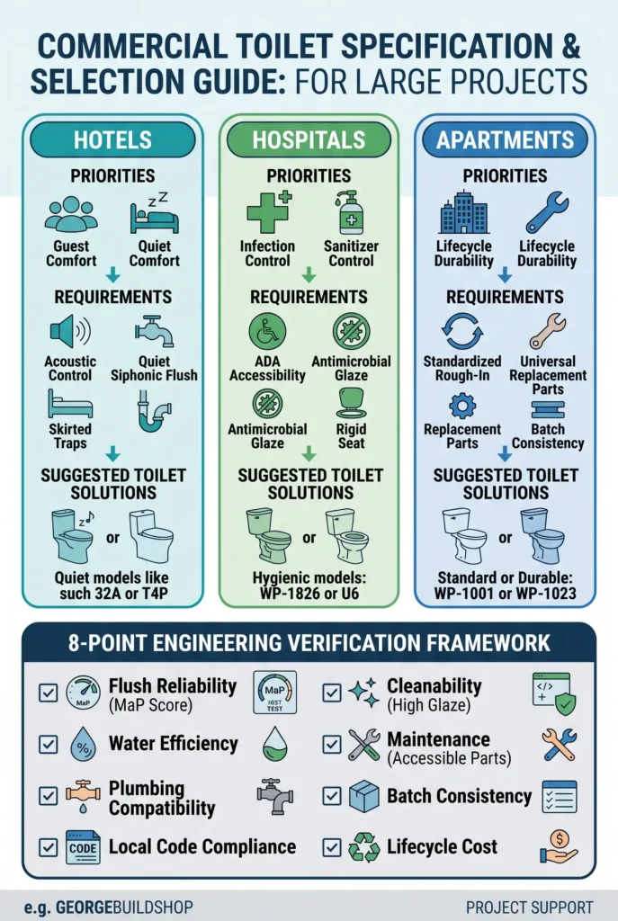 Commercial toilet selection guide and 8-point engineering framework for hotel and apartment developments.