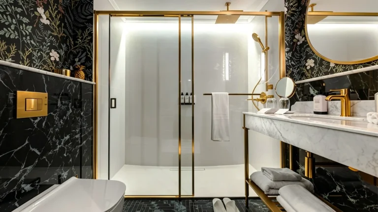 Custom brushed gold sliding glass shower door enclosure installed in a luxury commercial hotel bathroom.