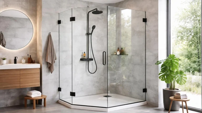 Elegant frameless neo-angle corner shower door with matte black hinges and handle for luxury hotel suites, featuring a modern black shower system.
