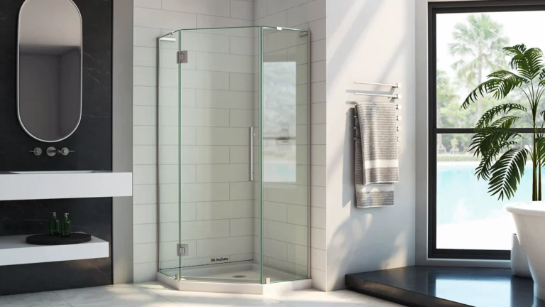 A practical 36x36 inch standard neo-angle corner shower with clear glass and stainless steel hardware in a modern bathroom.
